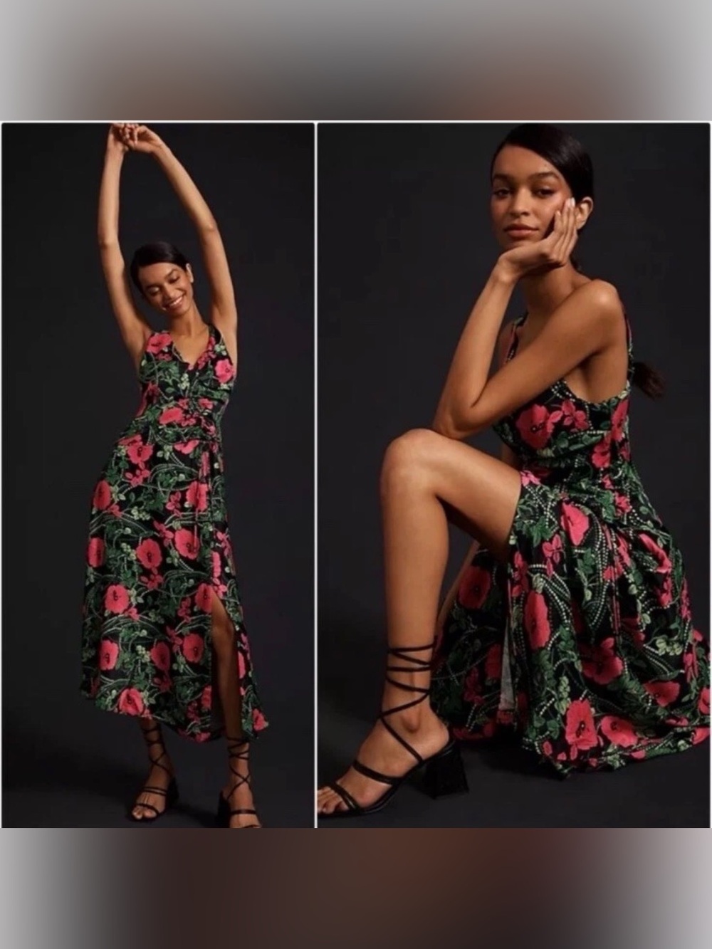 Anthropologie Maeve Floral Ruched Midi Dress Multicolor Size US 4